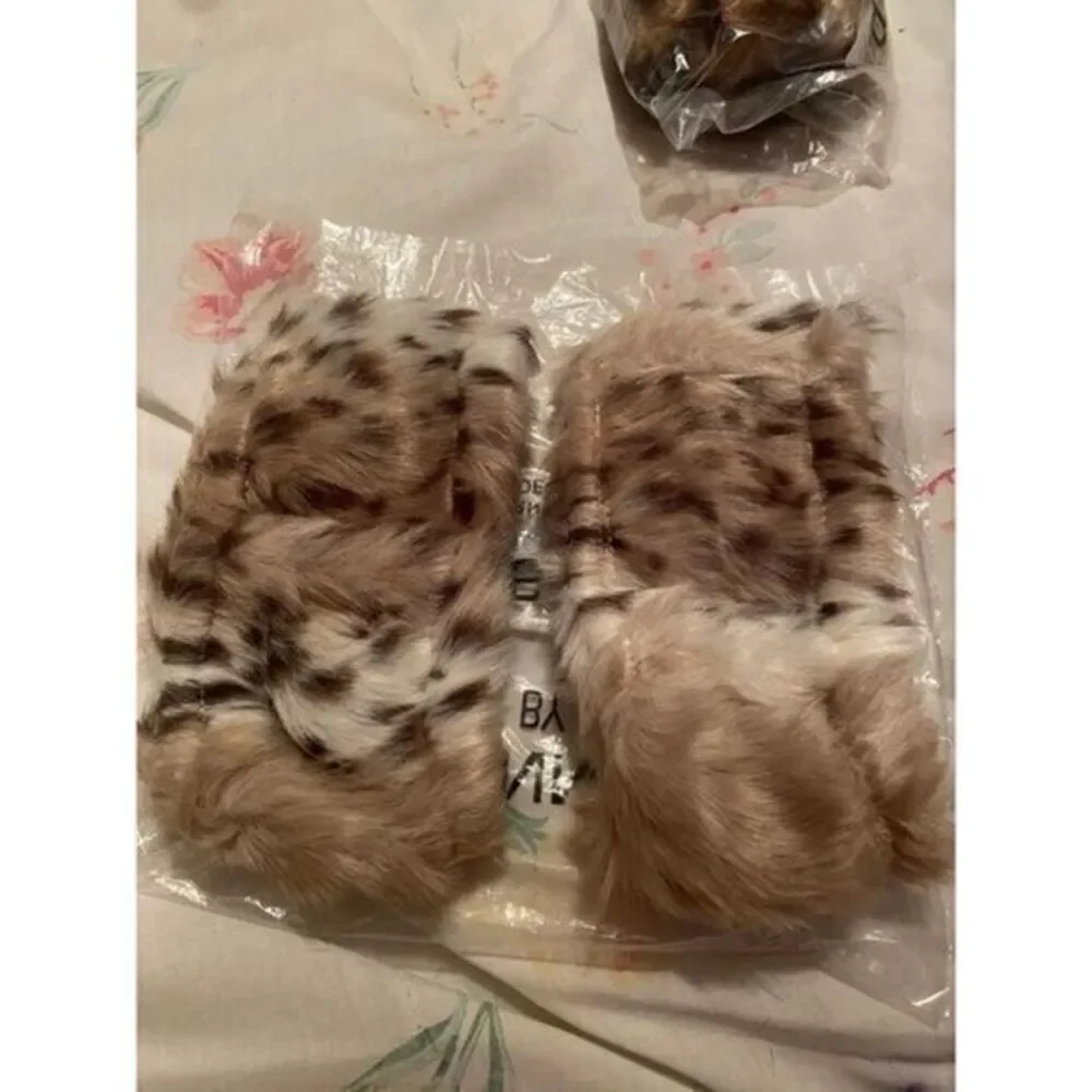 Dennis‎ Basso Faux Fur Fingerless Gloves Hand Warmers Spotted Animal Print Tan